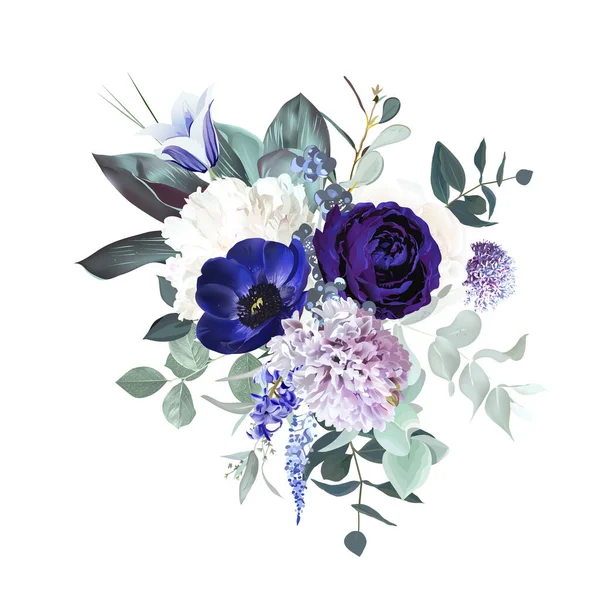 Periwinkle Violet Anemone Dark Purple Rose Dusty Mauve Lilac Hyacinth — Stok Vektör