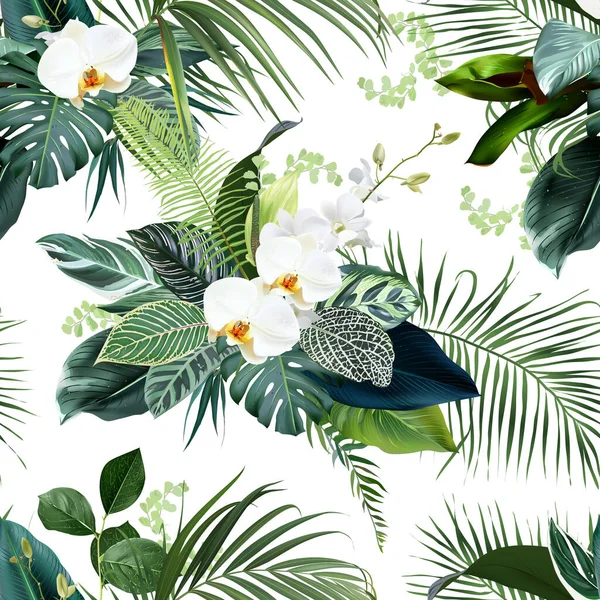 Тропічна Зелень Друкує Екзотичним Пальмовим Листям Білою Орхідеєю Монстром Візерунок — стоковий вектор