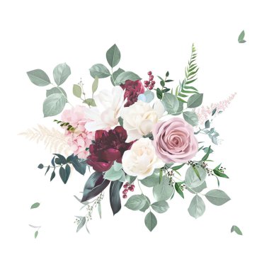 Blush pink rose, burgundy red peony, ranunculus, hydrangea, magnolia flowers vector design bouquet. Wedding floral and greenery. Mint, pink, silver, sage tones. Elements are isolated and editable