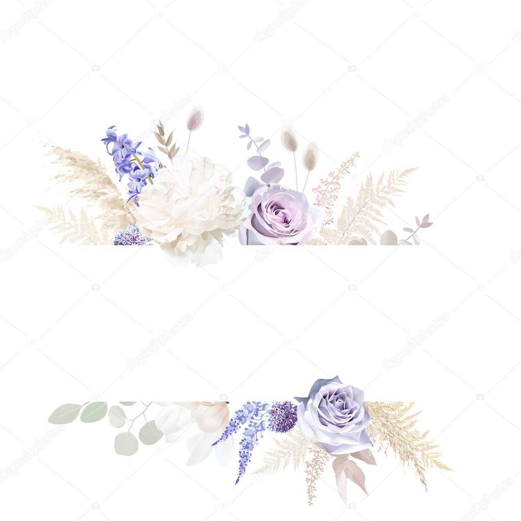 Modern beige and violet trendy vector design frame. Pastel dried pampas grass, magnolia, white peony, ranunculus, lavender purple rose card. Wedding boho template. Elements are isolated and editable