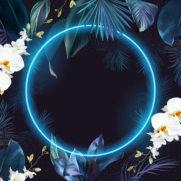 Tropical Blue Elegant Frame Arranged Exotic Leaves White Orchid Flowers — Stockový vektor