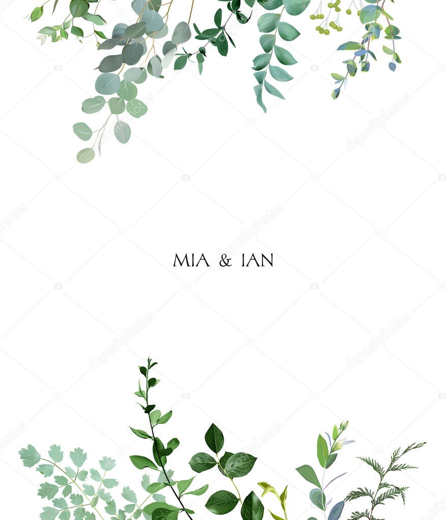 Herbal vertical vector frame. Hand painted plants, branches, leaves on a white background. Greenery wedding simple invitation template. Watercolor style card. All elements are isolated and editable