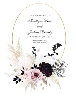 Boho beige and black trendy vector design frame. Pastel pampas grass, ivory peony, dark dahlia, dusty pink rose, lagurus, dried leaves. Modern wedding blush floral. Elements are isolated and editable