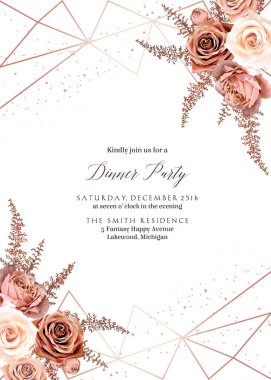 Caramel brown rose, orange burnt astilbe, beige fern autumn vector design frame. Golden glitter triangle geometric background.Stylish wedding save the date template. Elements are isolated and editable