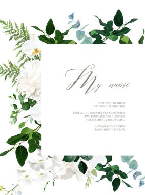 Klasik beyaz şakayık, ortanca, manolya ve orkide çiçekleri, okaliptüs, eğrelti otu, salal, yeşil vektör tasarımı düğün kare çerçevesi. Çiçekli suluboya kart. Elementler izole ve düzenlenebilir.