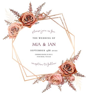 Caramel brown rose, orange burnt astilbe, beige fern autumn vector design frame. Golden glitter triangle geometric background.Stylish wedding save the date template. Elements are isolated and editable