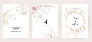 Flower geometric line art vector design frames. Wedding watercolor flowers. Ivory white peony, dusty pink blush rose, beige magnolia, lagarus, pampas grass, dried leaves cards. Isolated and editable clipart