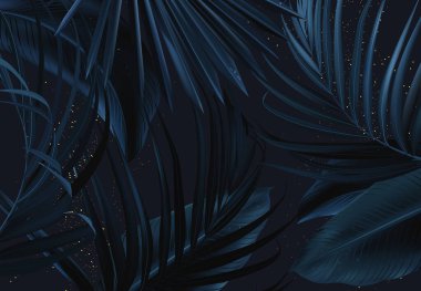 Egzotik deniz yapraklarından sıralanmış tropik zarif bir arka plan. Tasarım vektörü. Cennet mavi şık bir kart eker. Altın parıltılı şık bir pankart. Düğün şablonu. Elementler izole ve düzenlenebilir.