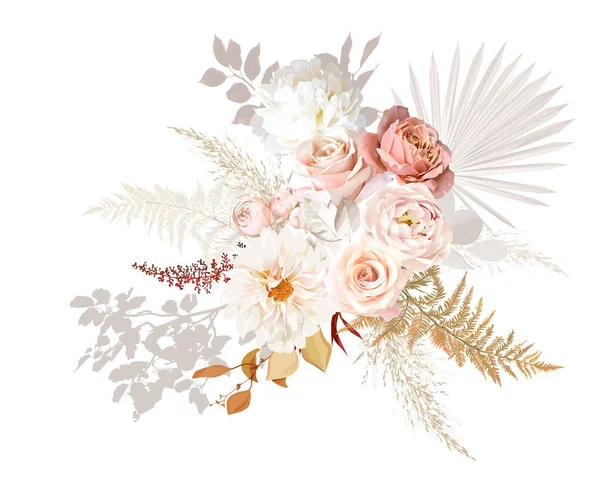 ラストオレンジと赤面ピンクのアンティークローズ ベージュと淡い花 クリーミーな牡丹 ランヌクルス ダリア パンパス草 秋の結婚式のベクトル花束を残します 花の水彩画の配置 — ストックベクタ