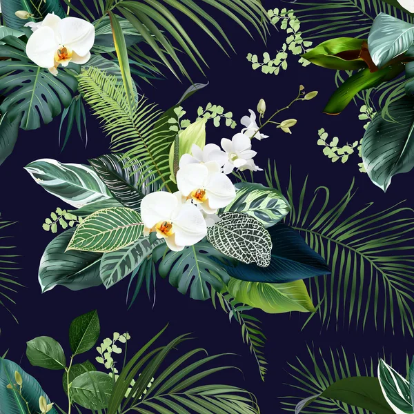 Tropical Greenery Print Exotic Palm Leaves White Orchid Monstera Botanical —  Vetores de Stock