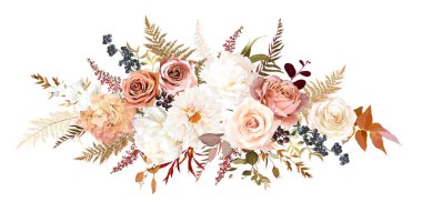 Moda olmuş kuru yapraklar, kızarık pembe gül, beyaz şakayık ve yıldız çiçeği, ortanca, astilbe, pampas otları vektörü düğün buketi. Moda çiçekleri. Bej, altın, kahverengi, pas. Elementler izole ve düzenlenebilir.