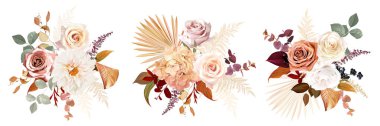 Paslı turuncu, bej, beyaz gül, bordo anthurium çiçeği, pampas otu, eğrelti otu, kurutulmuş palmiye yaprağı vektör buketleri. Moda çiçekleri. Altın, kahverengi, pas, boz. Elementler izole ve düzenlenebilir.