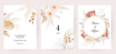 Paslı turuncu ve pembe antika gül, bej ve soluk çiçekler, kremalı şakayık, ranunculus, yıldız çiçeği, pampas otu, düşme düğün vektör çerçevesi. Çiçekli suluboya düzenleme. İzole ve düzenlenebilir