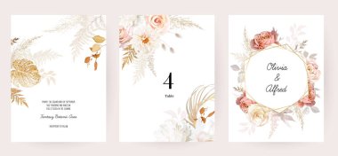 Rust orange and blush pink antique rose, beige and pale flowers, creamy peony, ranunculus, dahlia, pampas grass, fall leaves wedding vector frames. Floral watercolor arrangement. Isolated and editable clipart