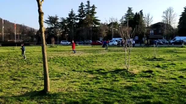 Bambini Giocare Calcio Nel Parco All Interno Della Città Pomeriggio — Video Stock