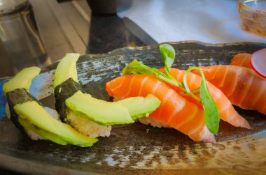 closeup on a portion of sushi in the restaurant