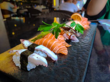 closeup on a portion of sushi in the restaurant
