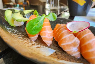 closeup on a portion of sushi in the restaurant