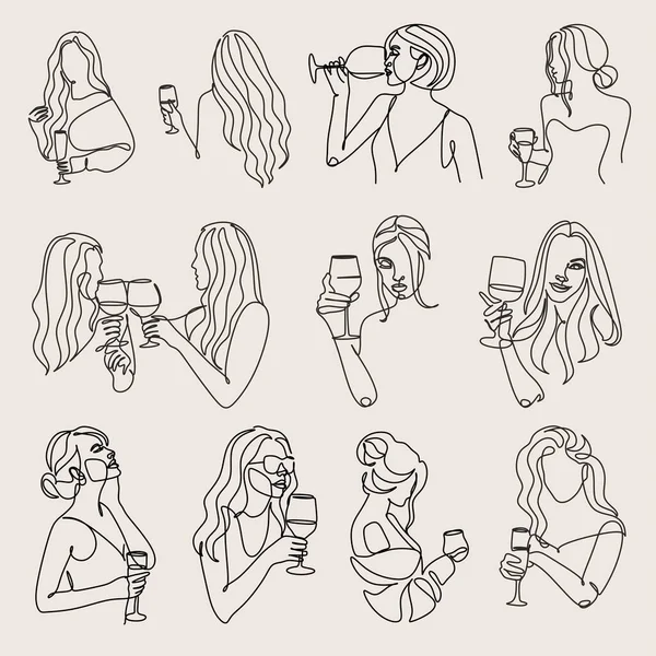 Woman with wine glass line draw. Drawing with one continuous line. Linear glamor logo in a minimalistic style for a wine label.