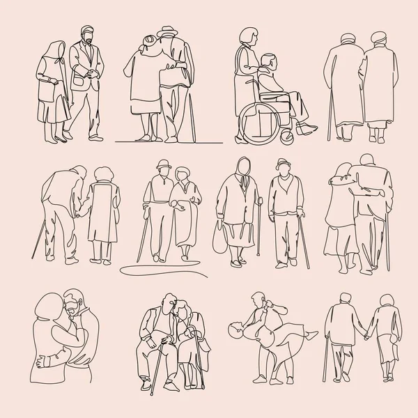 老夫妇在连续线条艺术绘画风格 老年男女手牵着手走在一起 在白色背景上孤立的黑色简约线形草图 矢量说明 — 图库照片
