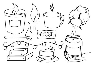 Sıcak mumlar, kibrit, kitap, harfler. Kawaii karalama dijital sanat. Afişler, posterler, ağ, çıkartmalar, gönderiler, kağıtlar, kartlar için rint.