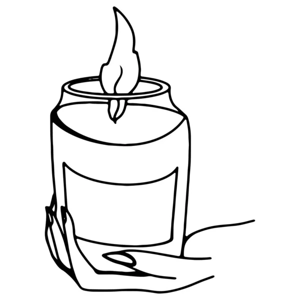 Une Bougie Confortable Brûle Dans Verre Kawaii Doodle Contour Art — Photo