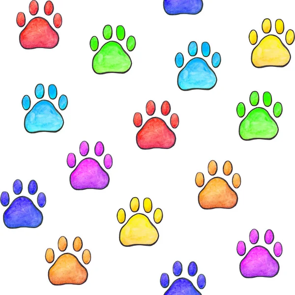 Acuarela coloridos perros pata impresión Rainbow gatos pata patrón sin costura Fácil para tela de diseño, textil, papel de embalaje, tarjetas de felicitación, invitación, y otros sus proyectos — Foto de Stock