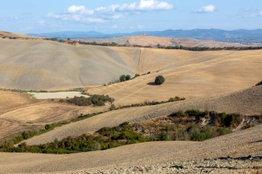 Val d 'Orcia (SI), İtalya - 05 Ağustos 2021: Orcia, Tuscany, İtalya