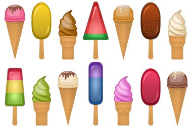  Vector illustration of a set of ice cream waffle cones, cups, fruit ice.
