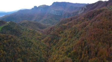 Puigsacalm Tepesi, La Garrotxa, Girona, İspanya 'daki sonbahar manzarasının insansız hava aracı görüntüsü. 4K UHD