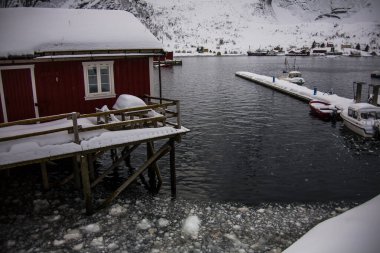 Reine, Lofoten Adaları, Kuzey, Norveç 'te Kış.