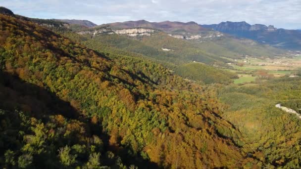 Luchtfoto Met Drone Van Het Herfstlandschap Vall Bas Garrotxa Girona — Stockvideo