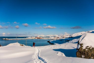 Lofoten Adaları 'nda kış, Kuzey, Norveç.