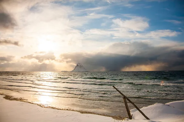 Winter Bleik Beach Lofoten Northern Norwegen — Stockfoto