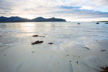 Lofoten Adaları 'ndaki sonbahar manzarası ve plajı. Norveç