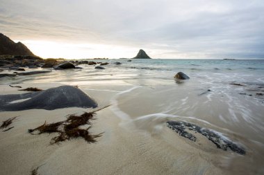 Lofoten Adaları 'ndaki sonbahar manzarası ve plajı. Norveç
