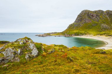 Lofoten Adaları 'ndaki sonbahar manzarası ve plajı. Norveç