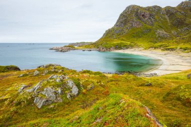 Lofoten Adaları 'ndaki sonbahar manzarası ve plajı. Norveç