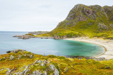 Lofoten Adaları 'ndaki sonbahar manzarası ve plajı. Norveç