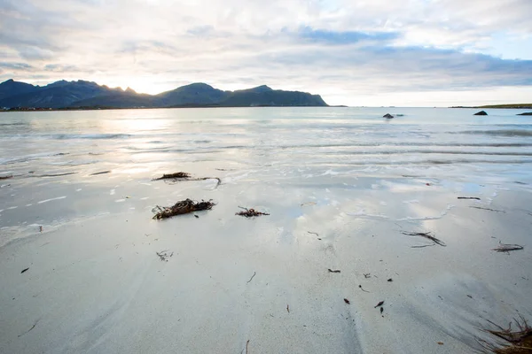 Lofoten Adaları 'ndaki sonbahar manzarası ve plajı. Norveç
