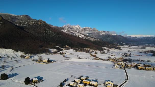 Letecká Scéna Dronem Sněžení Hostalets Bas Garrotxa Girona Španělsko — Stock video