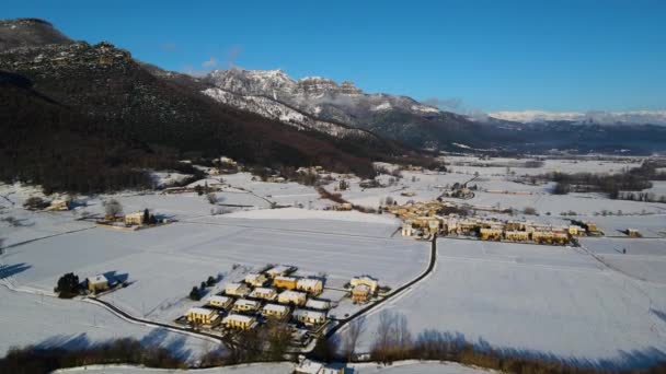 Letecká Scéna Dronem Sněžení Hostalets Bas Garrotxa Girona Španělsko — Stock video