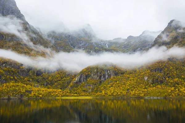 Lofoten Adaları 'ndaki sonbahar manzarası ve plajı. Norveç