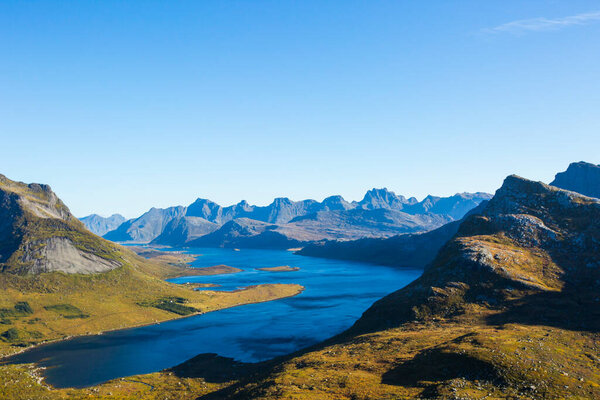 Autumn landscape and beach in Lofoten Islands. Norway