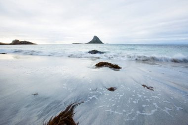 Lofoten Adaları 'ndaki sonbahar manzarası ve plajı. Norveç