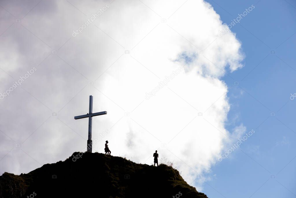 People summit a Peak in Bavaria mountains, South Germany. Europe