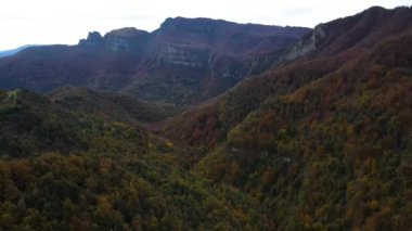 Puigsacalm Tepesi, La Garrotxa, Girona, İspanya 'daki sonbahar manzarasının insansız hava aracı görüntüsü. 4K UHD