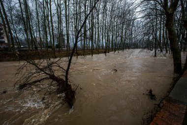 Olot kasabasında sel, La Garrotxa, Girona, İspanya. Ocak 2020.