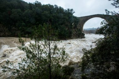 Llierca köprüsünde sel, La Garrotxa, Girona, İspanya. Ocak 2020
