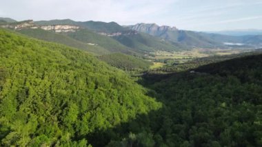 La Vall D En Bas, La Garrotxa, Girona, İspanya 'daki Coromina şelalesinin insansız hava aracı görüntüsü. 4K UHD